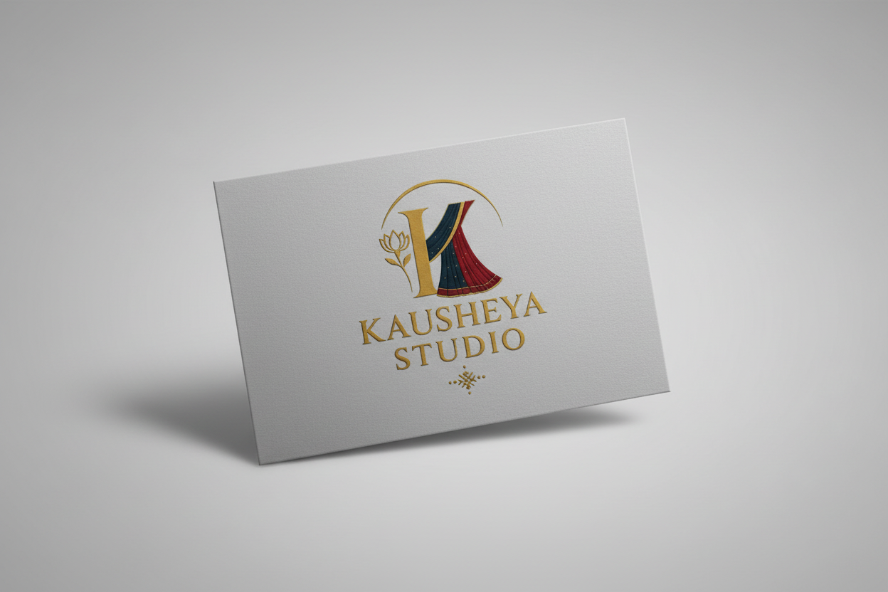 Logo of Kausheya Studio with a decorative 'K' and floral design on a dark green background, featuring the Shopify logo.